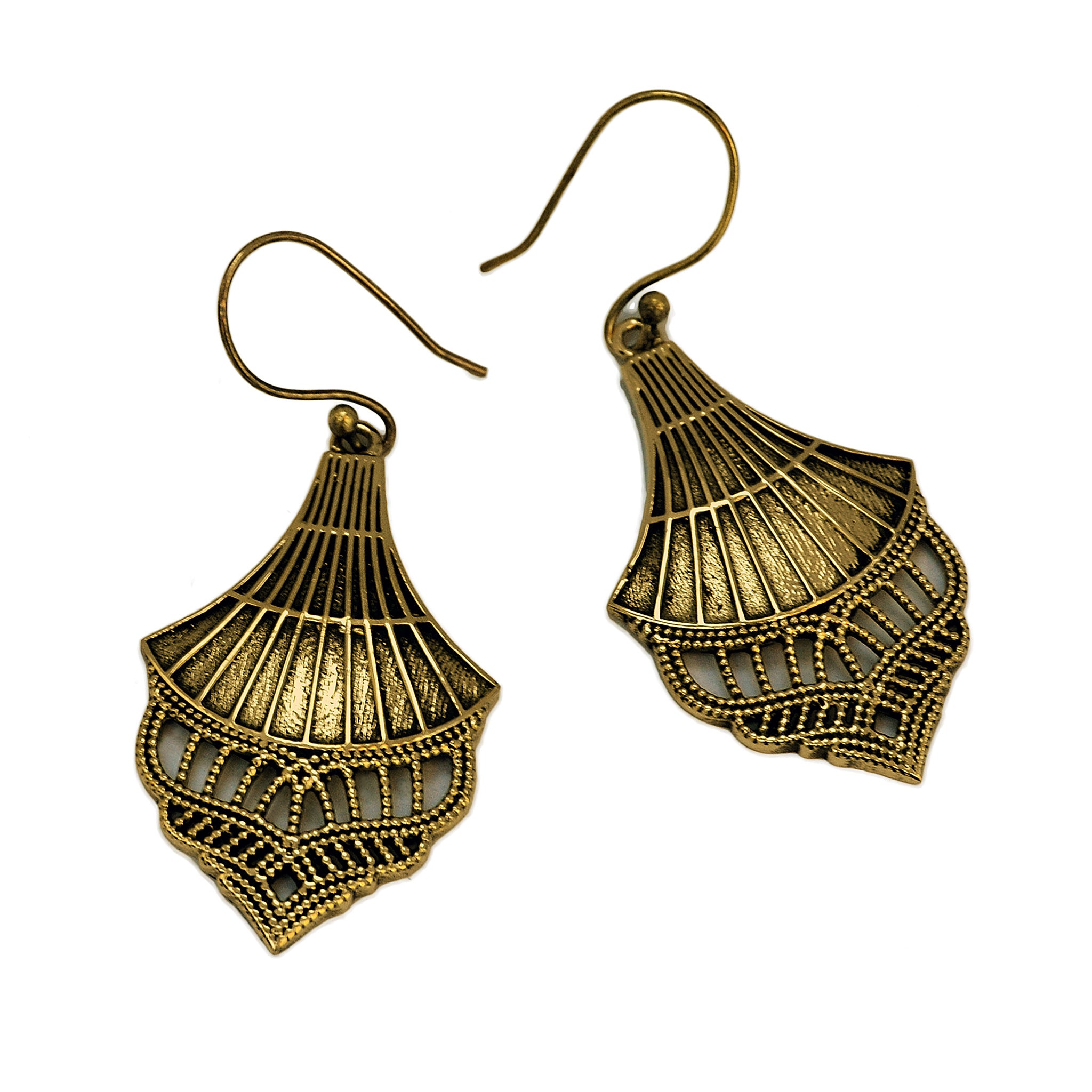 Gold vintage dangle filigree earrings on white background