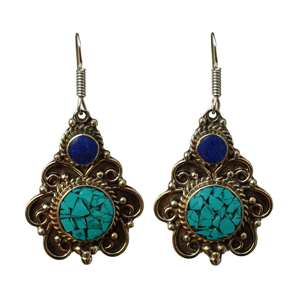 Floral tibetan silver drop earrings with lapis lazuli and turquoise stones on white background