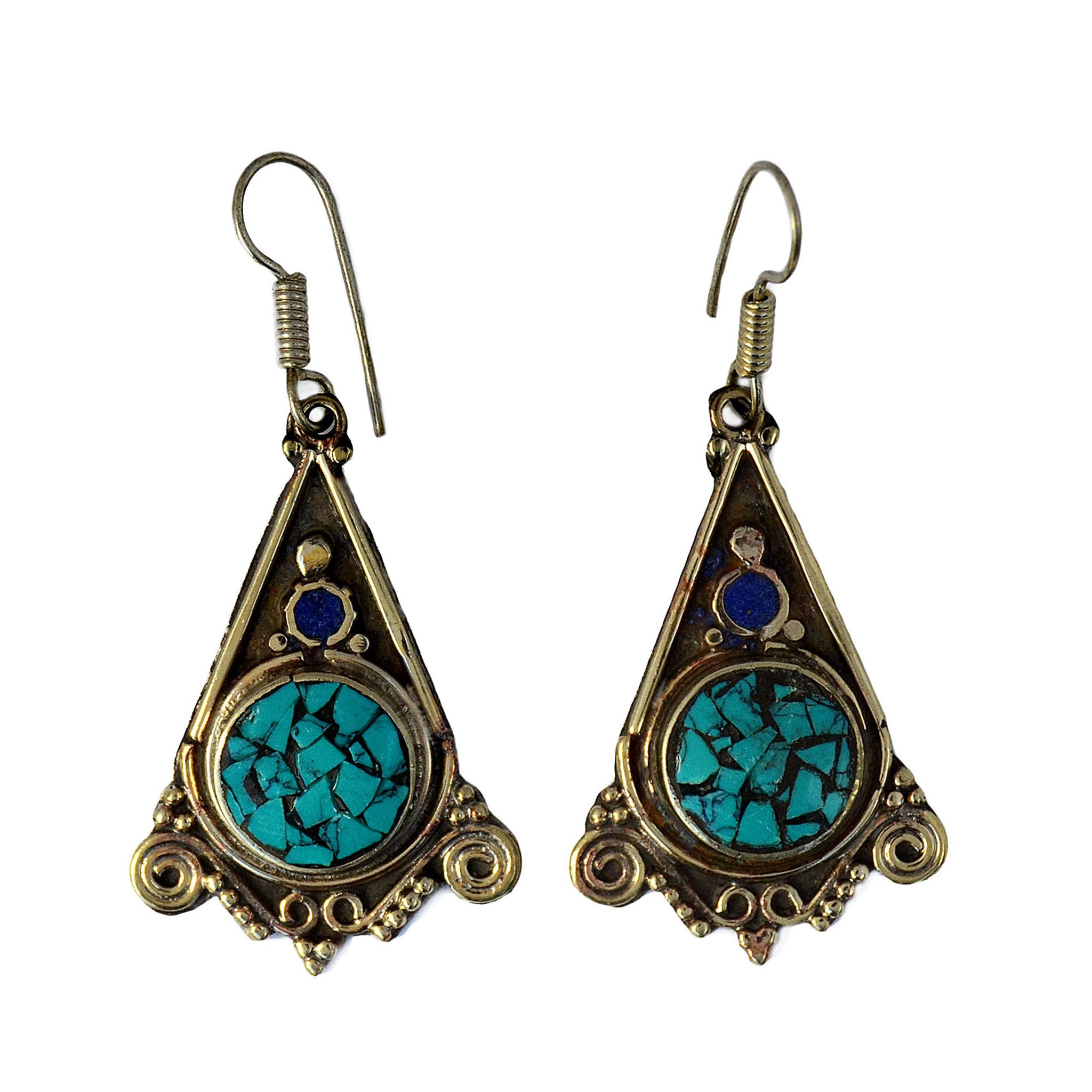 Tibetan silver dangle earrings with inlay turquoise and lapis lazuli stones