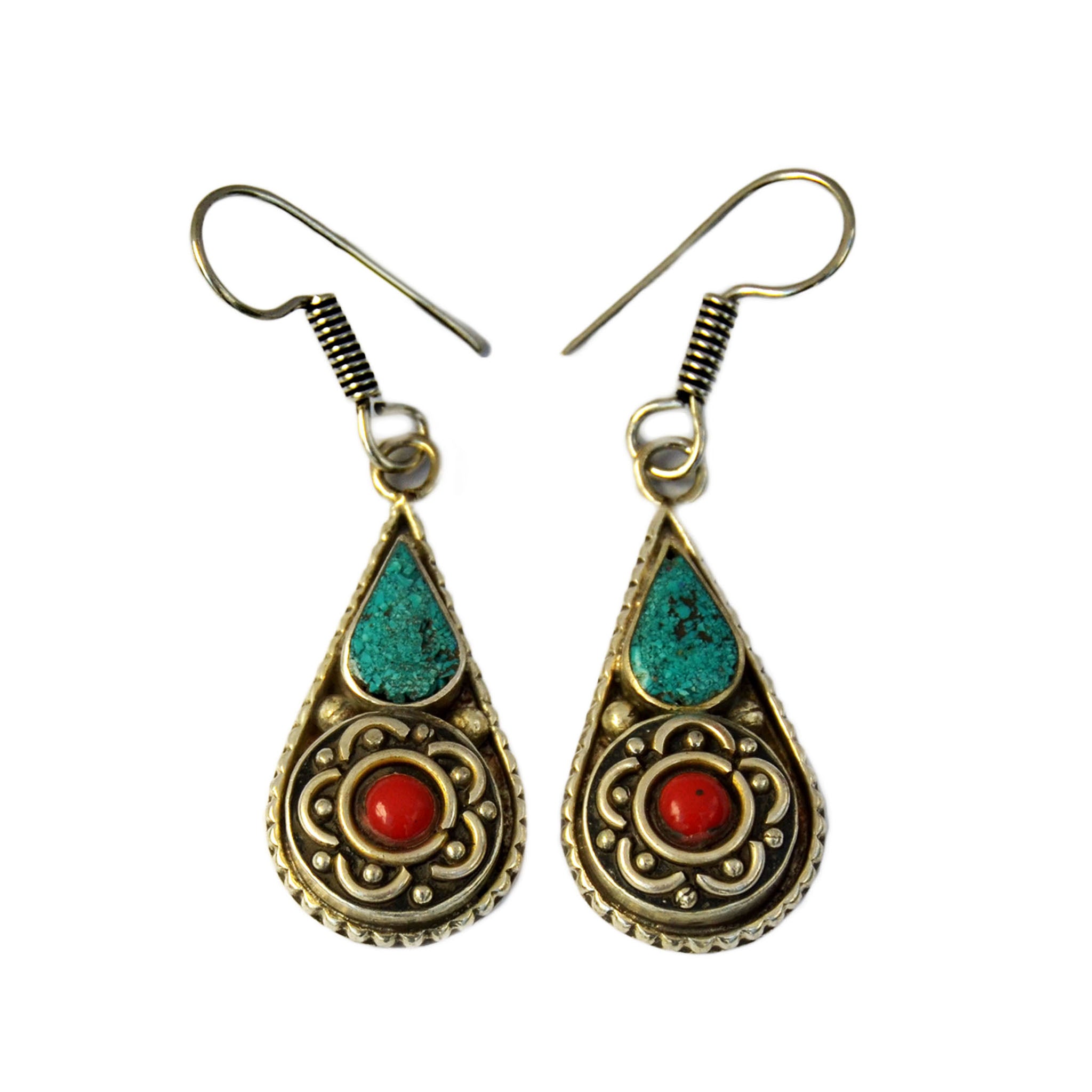 Silver drop ethnic earrings with inlay turquoise and red coral stones