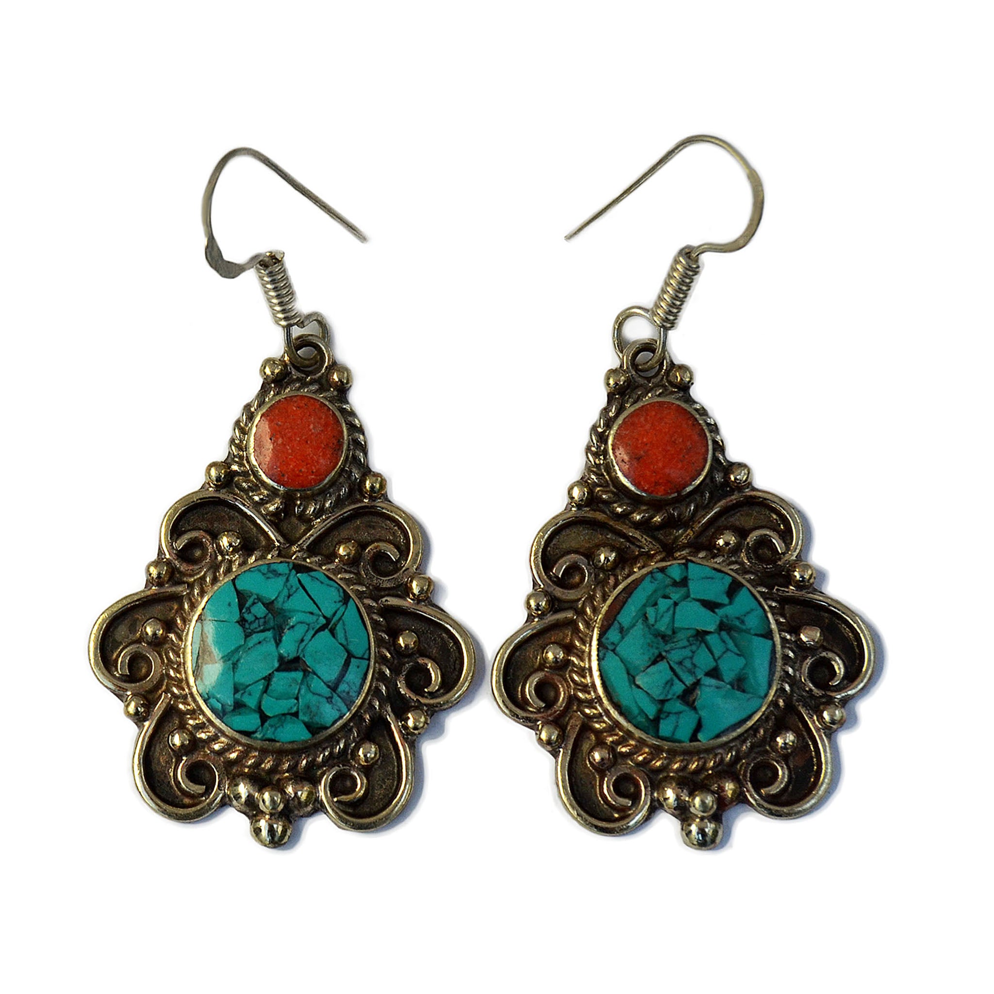 Tibetan silver drop earrings with red coral and turquoise stone on white background