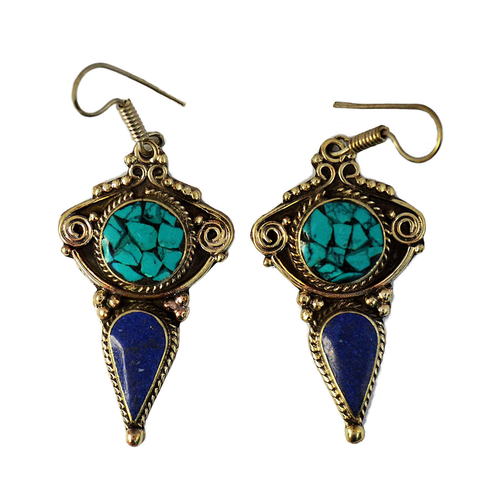 Tribal silver drop earrings with inlay turquoise and lapis lazuli stones on white background
