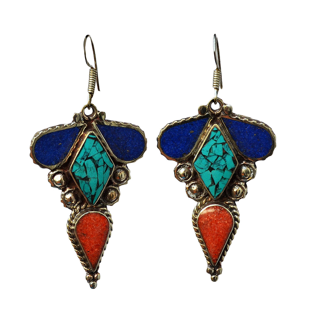 Ethnic silver earrings with inlay turquoise, lapis lazuli and red coral gemstones
