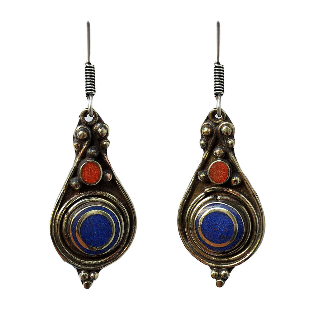 Tribal drop silver earrings with inlay lapis lazuli and red coral stones