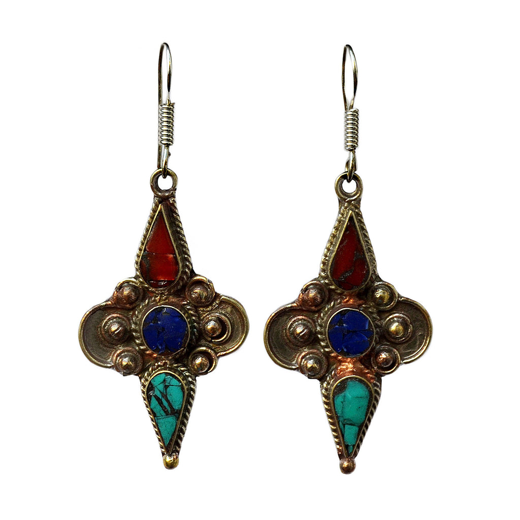 Silver tribal earrings with inlay turquoise, lapis lazuli and red coral stones on white background