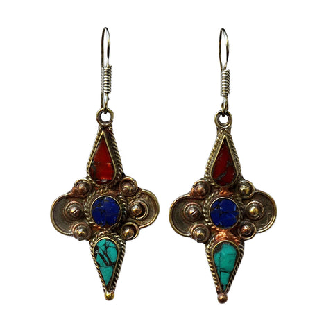 Silver tribal earrings with inlay turquoise, lapis lazuli and red coral stones on white background