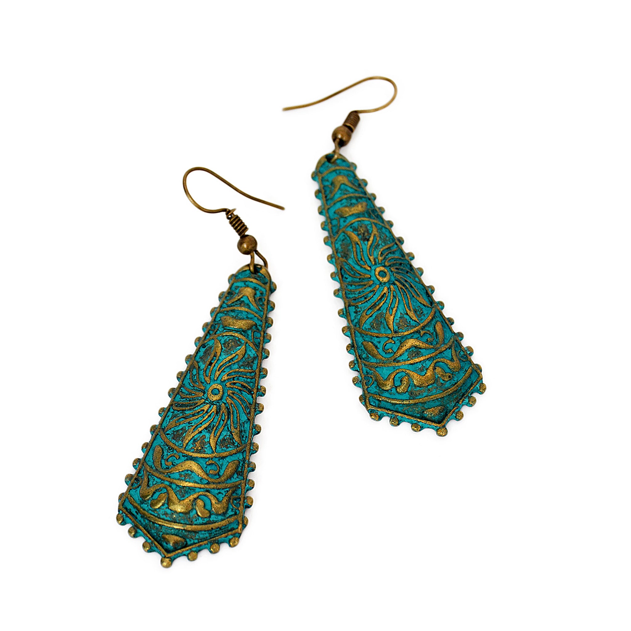 Drop earrings with engraved aztec design and blue green patina con brass