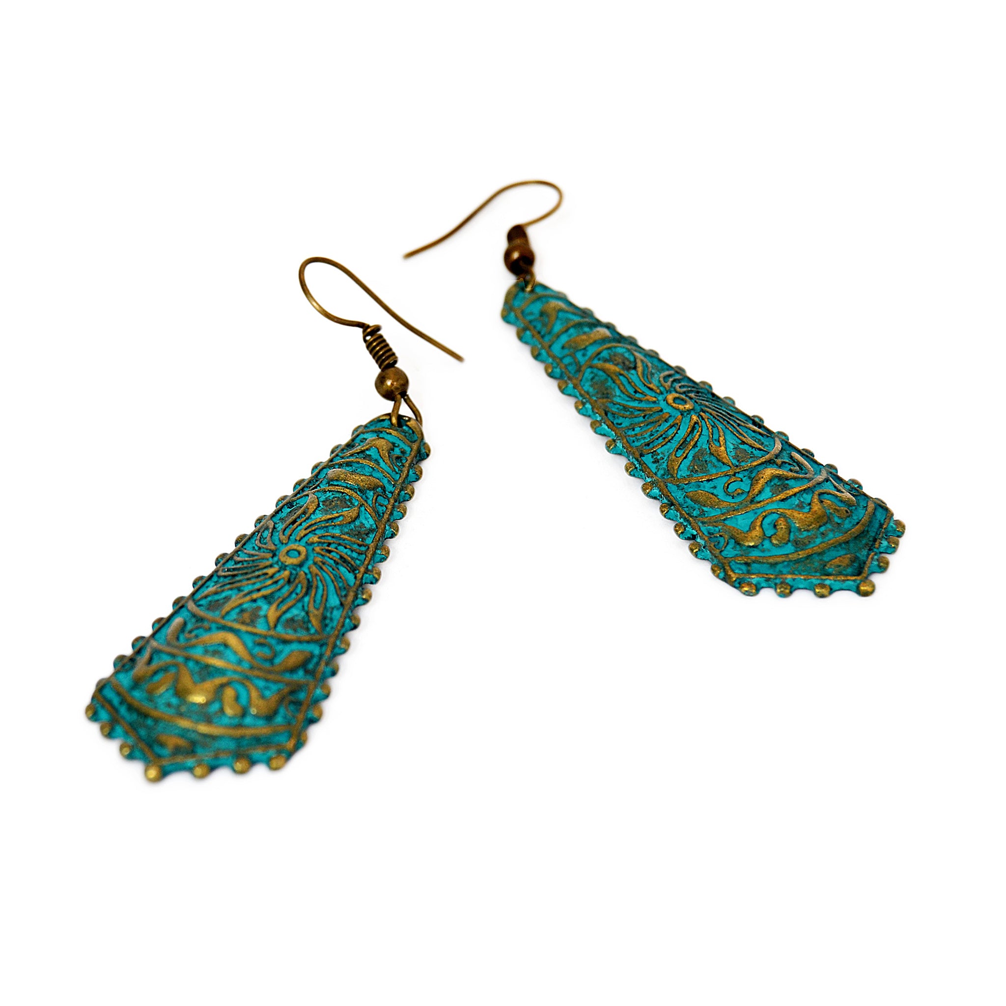 Drop hook earrings with engraved aztec design and blue green patina con brass