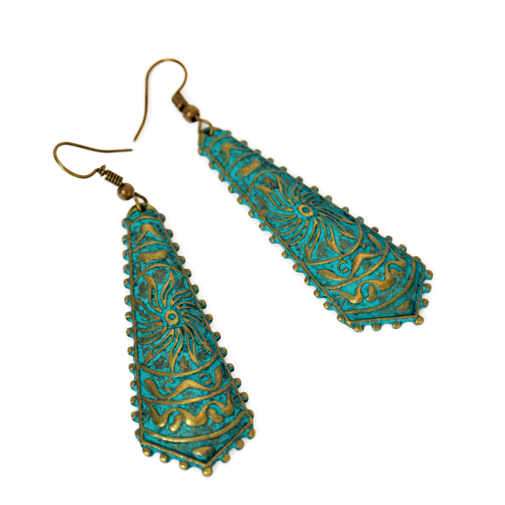 Drop tribal earrings with etched gold sun inspired in aztec jewelry and green patina on brass