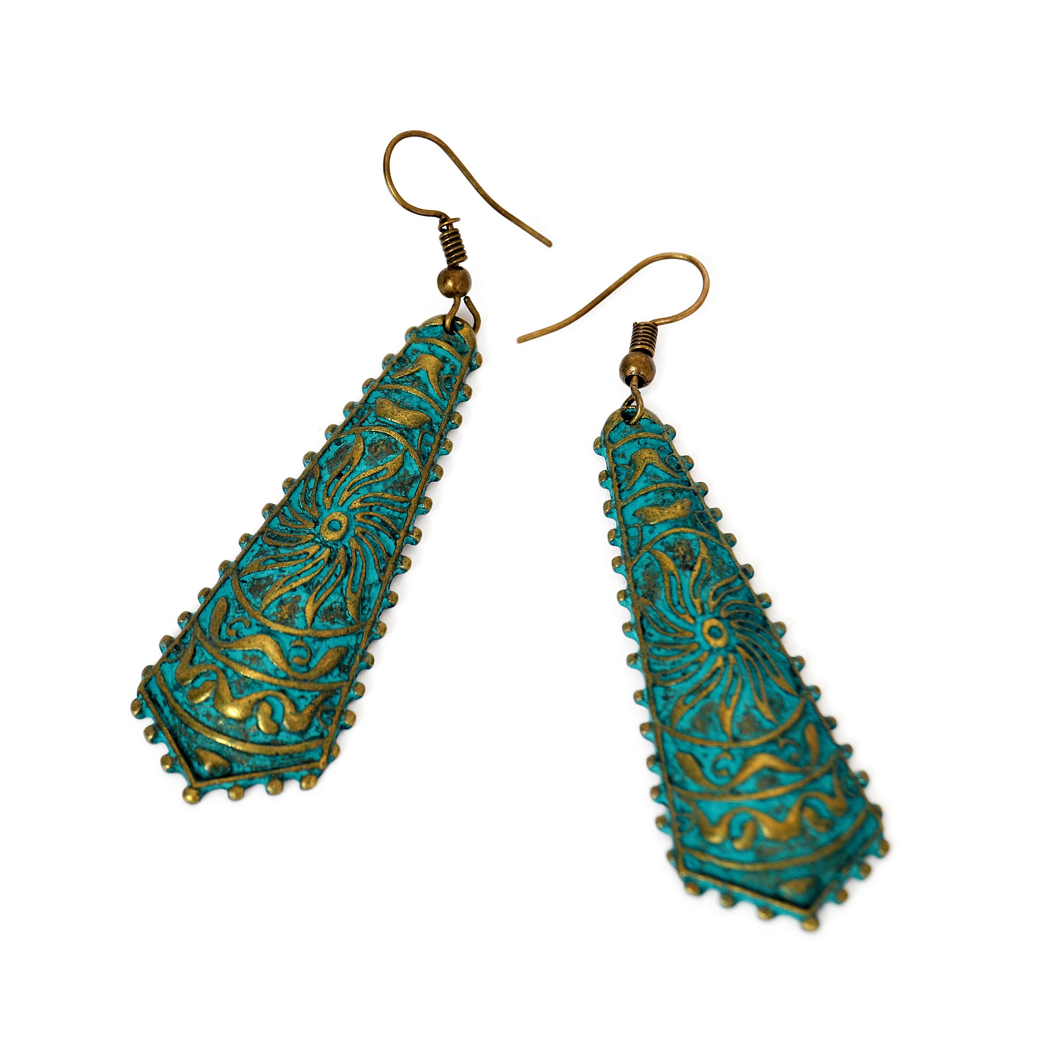 Drop hook earrings with etched gold sun and green patina on brass