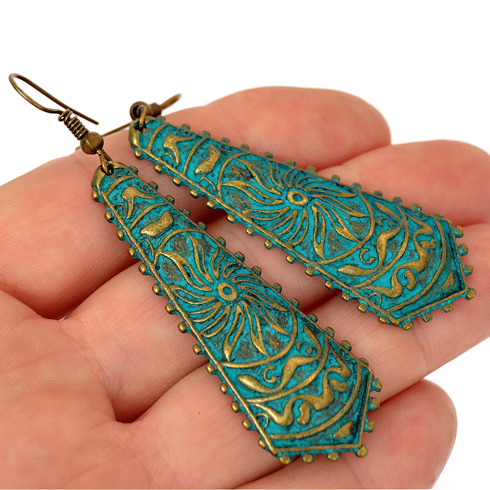 Drop shield earrings with etched gold sun and green patina on brass