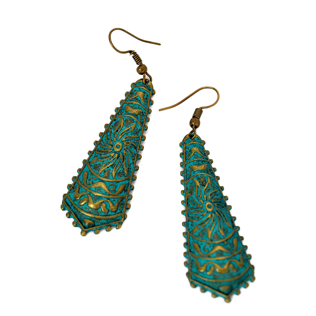 Drop earrings with etched gold sun and green patina on brass