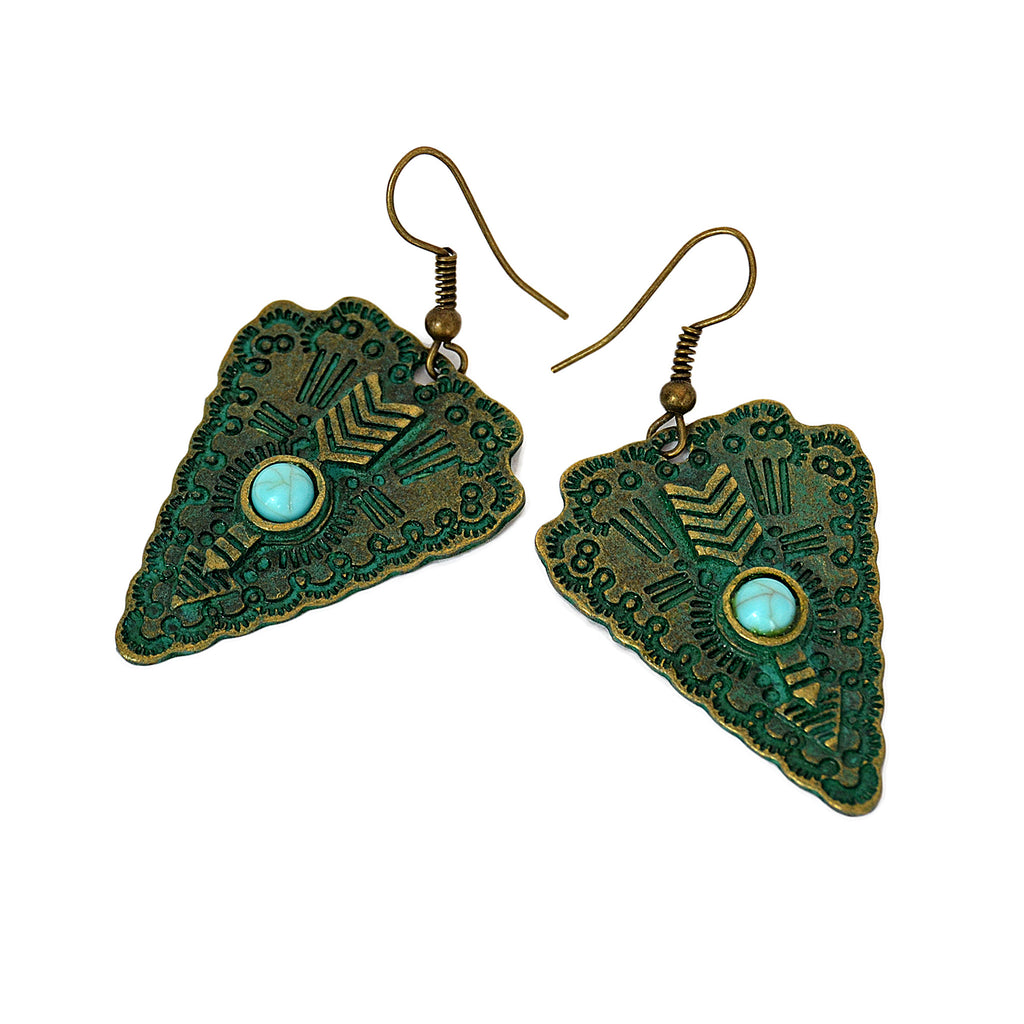 Triangle hook earrings with turquoise bead, engraved ethnic details and old green patina on brass