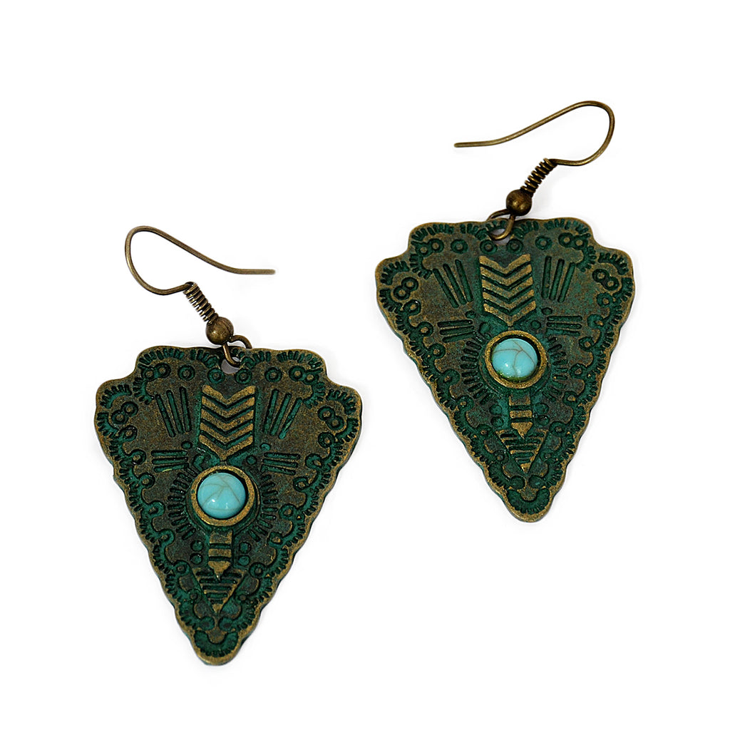 Triangle dangle earrings with turquoise bead, engraved ethnic details and green patina on brass