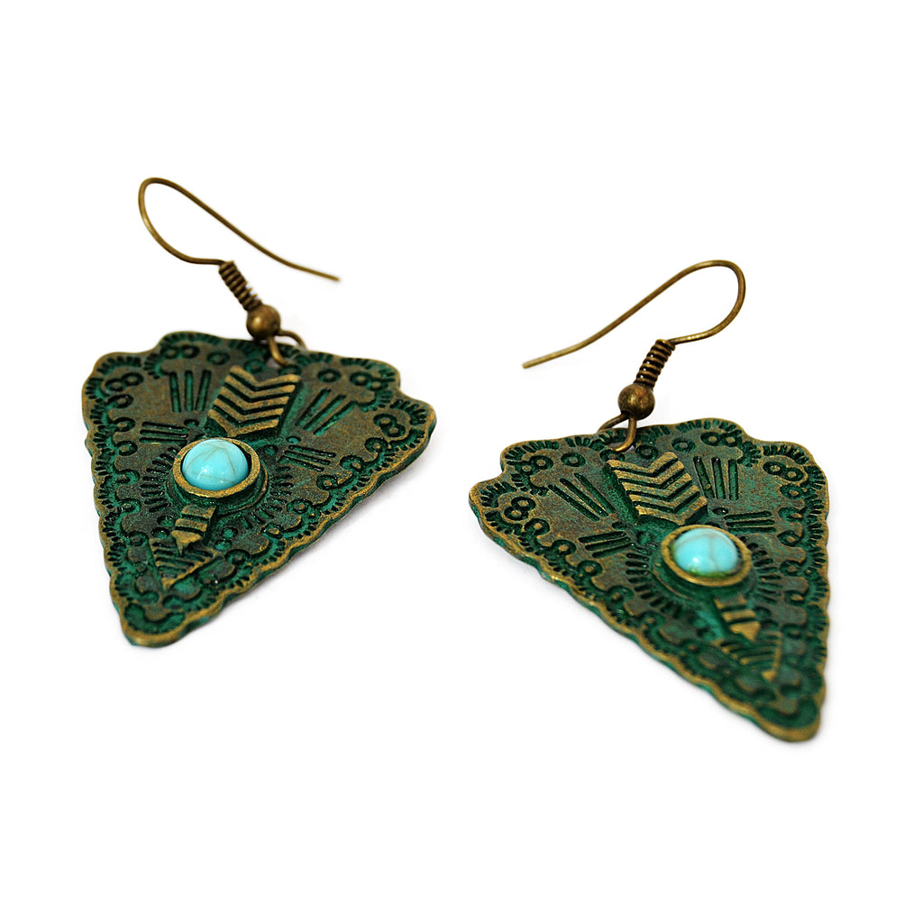 Triangle earrings with turquoise bead, engraved ethnic details and green patina on brass