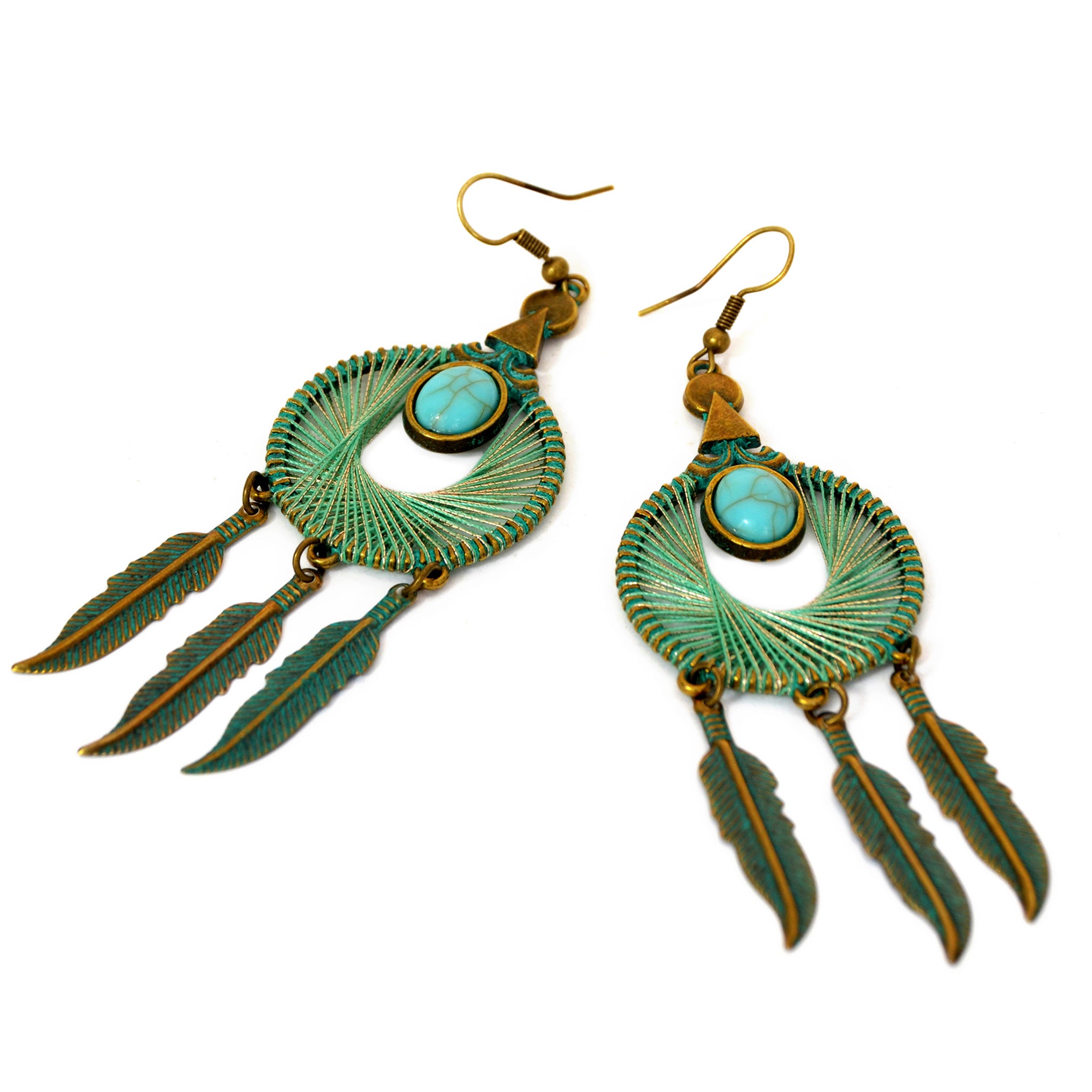 Tassel earrings with blue and gold wrapped strings on hoop, turquoise bead and hanging feathers