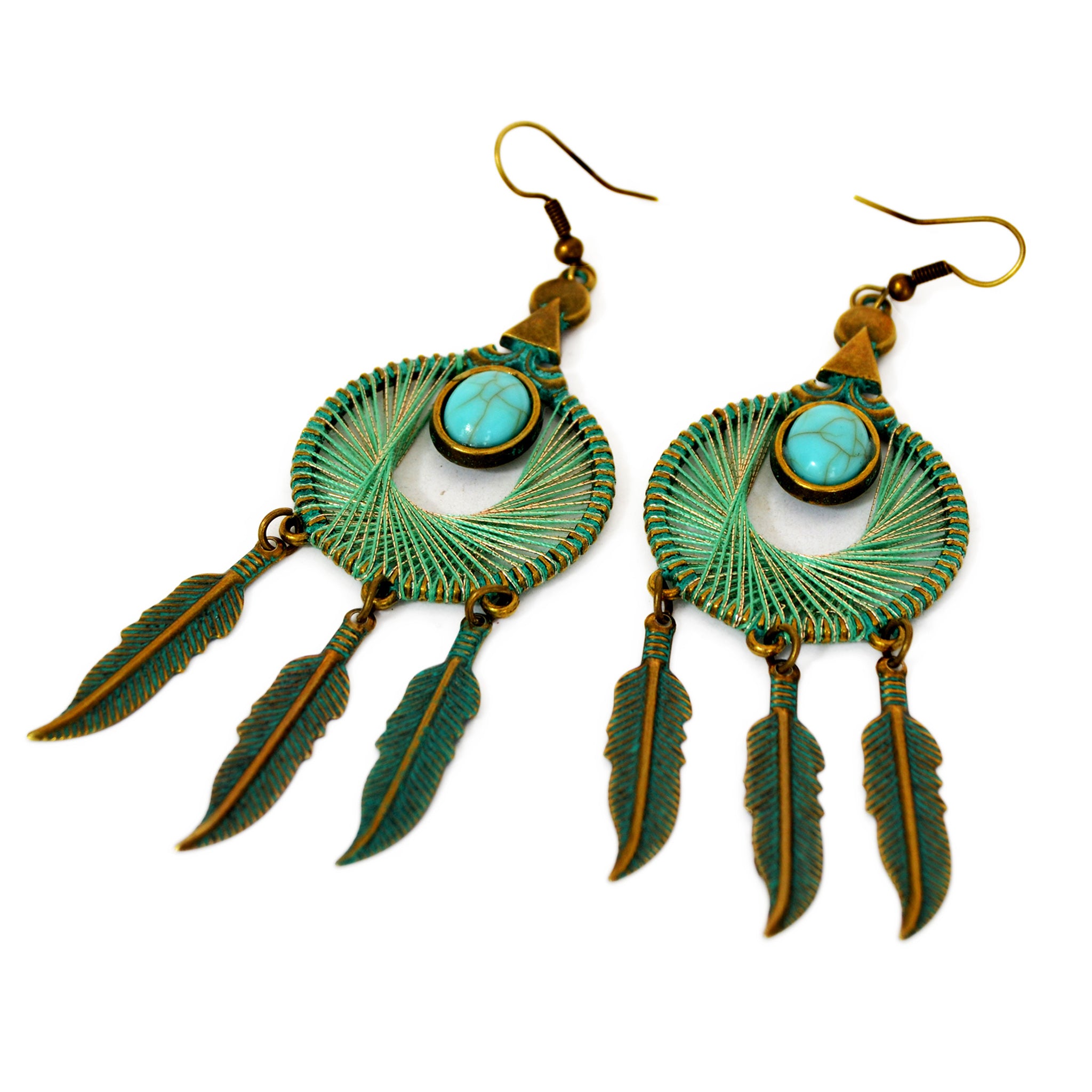 Hoop old patina earrings with blue and gold wrapped strings, turquoise bead and hanging feathers