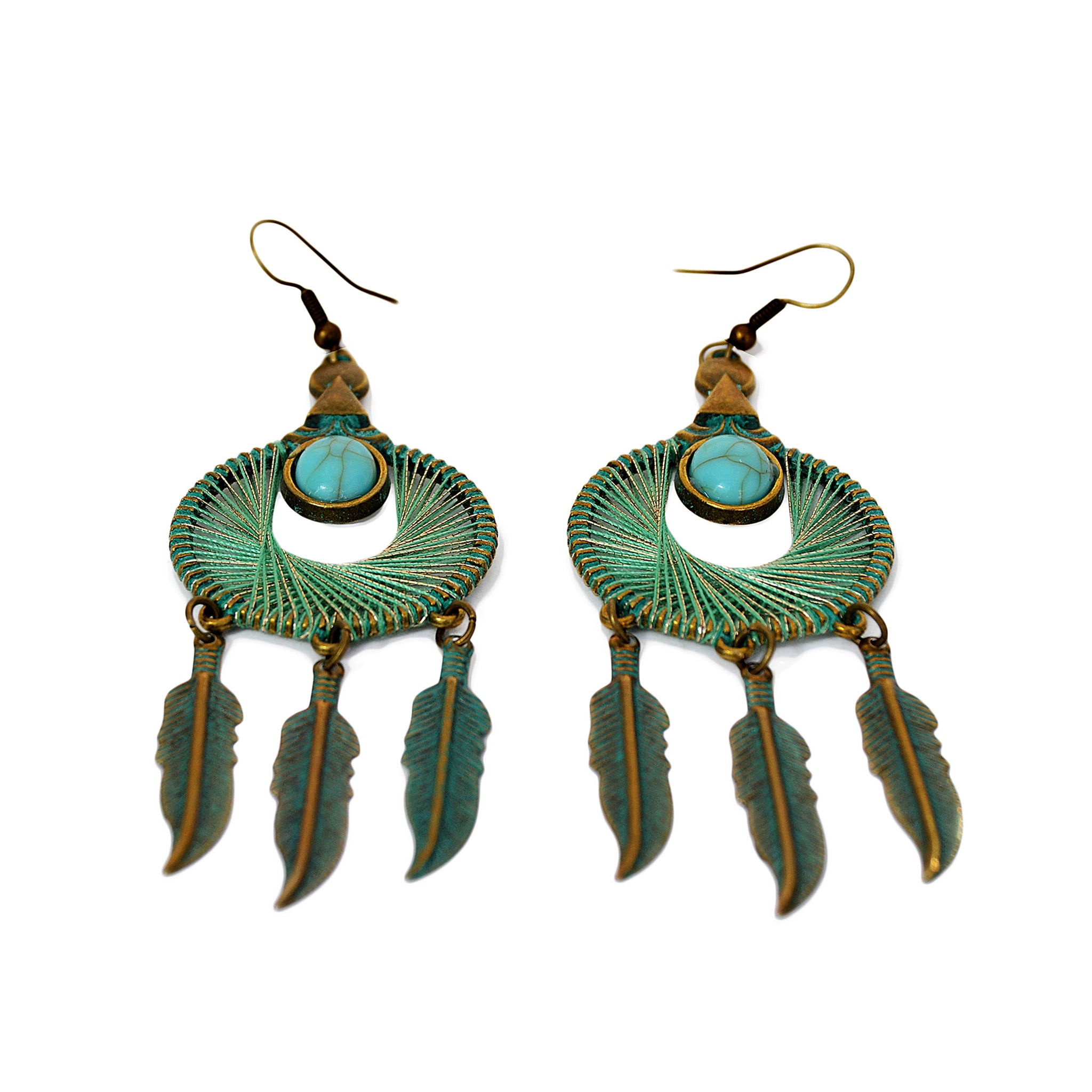Hoop aged patina earrings with blue and gold wrapped strings, turquoise bead and hanging feathers