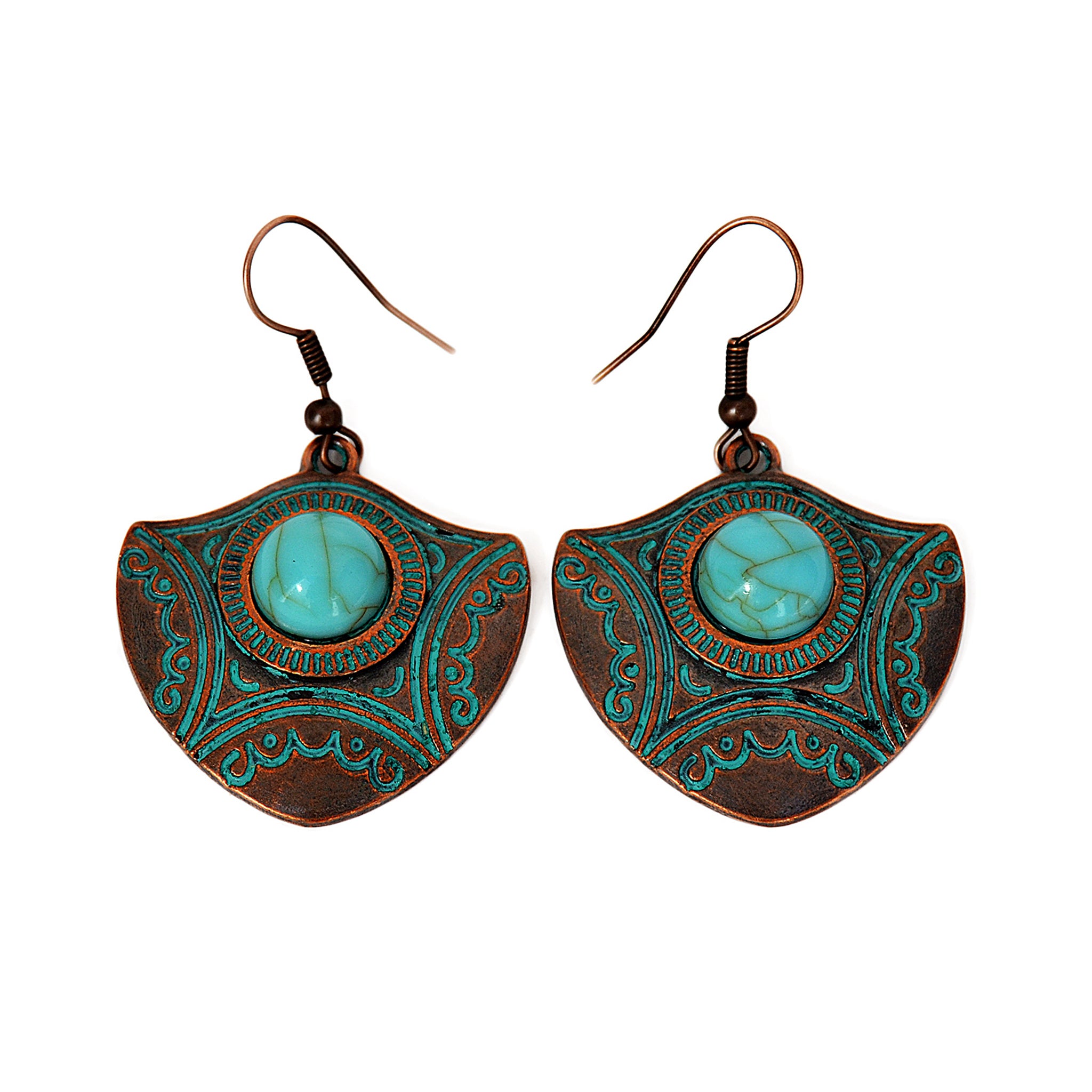 Tribal arrow earrings with turquoise bead and old blue patina on copper