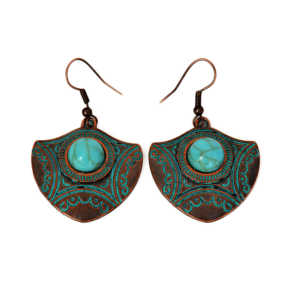 Tribal arrow earrings with turquoise bead and old blue patina on copper