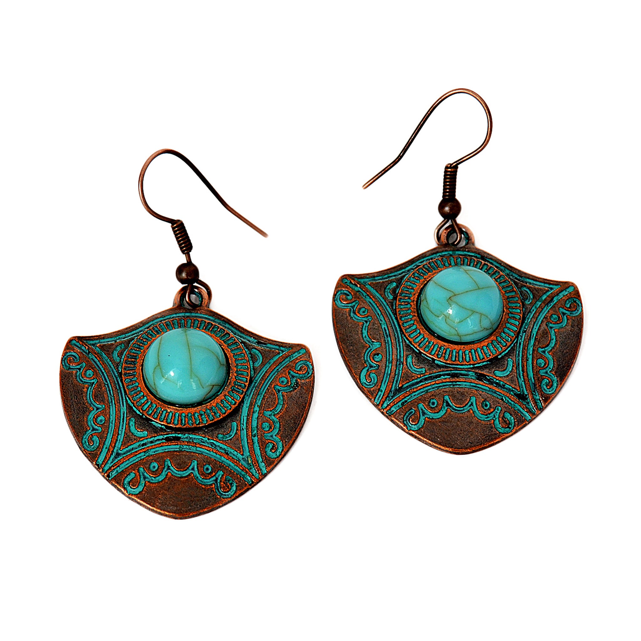 Arrow hook earrings with turquoise bead and blue patina on copper