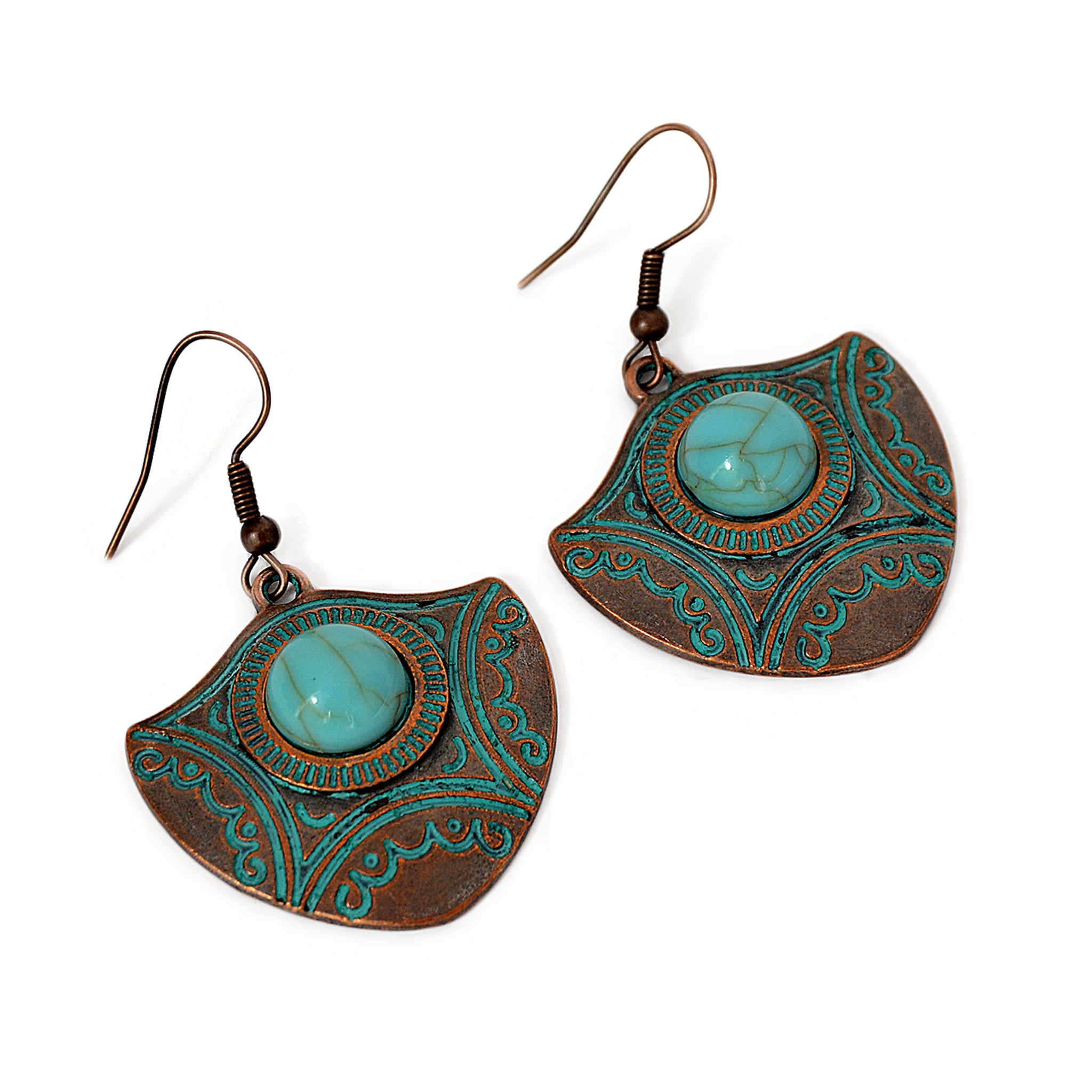 Tribal arrow earrings with turquoise bead and aged blue patina on copper