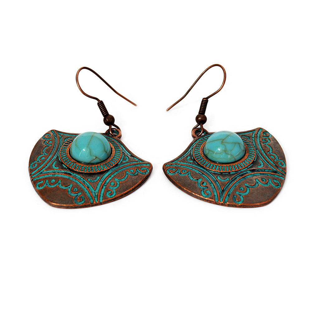 Hook arrow earrings with turquoise bead and blue patina on copper