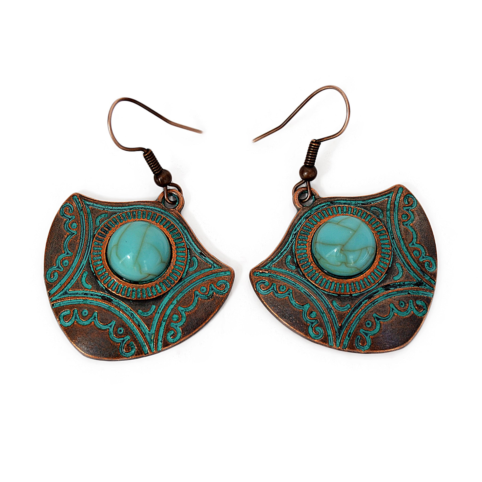Hook arrow earrings with turquoise bead and old blue patina on copper