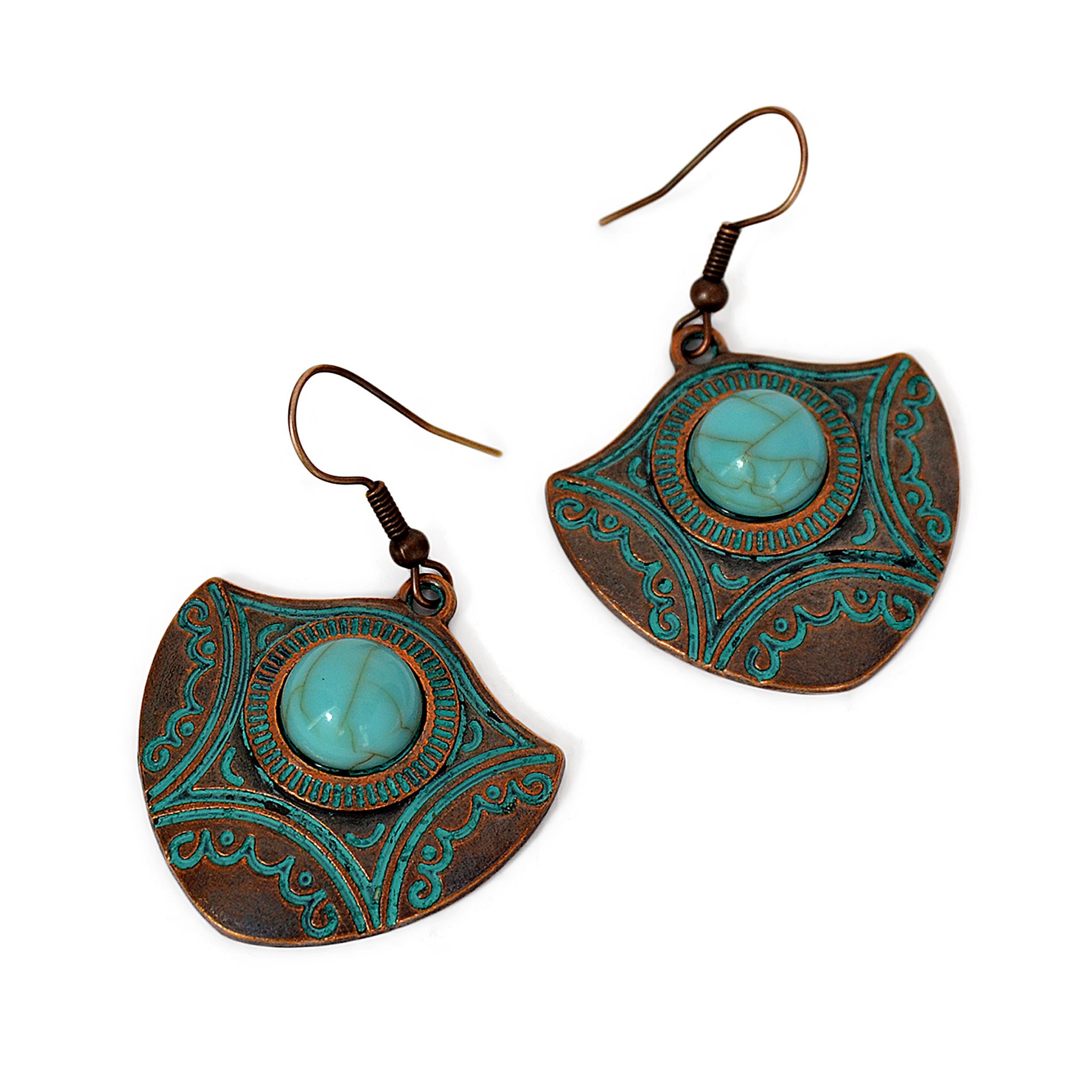 Dangle arrow earrings with turquoise bead and old blue patina on copper