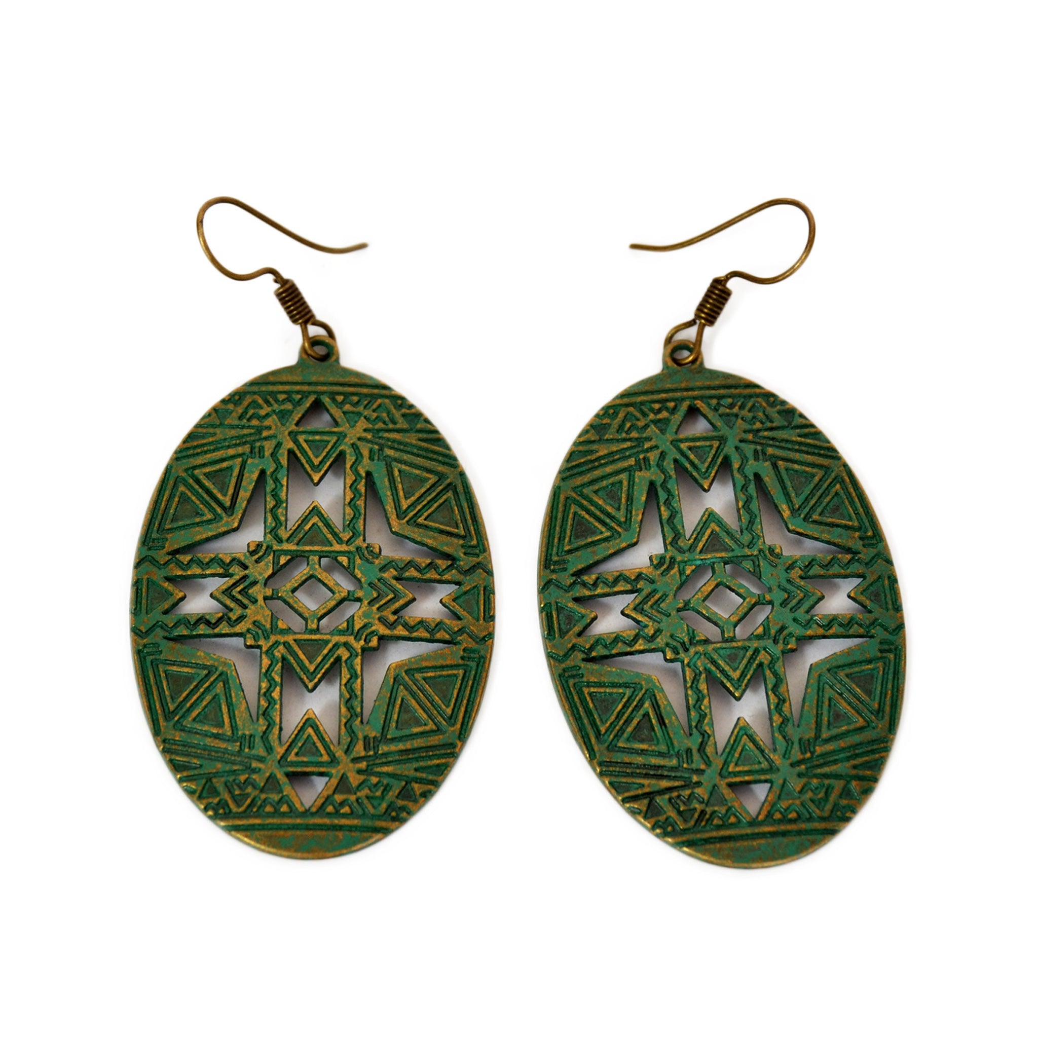 Oval hook earrings with turquoise green patina and geometric carved design