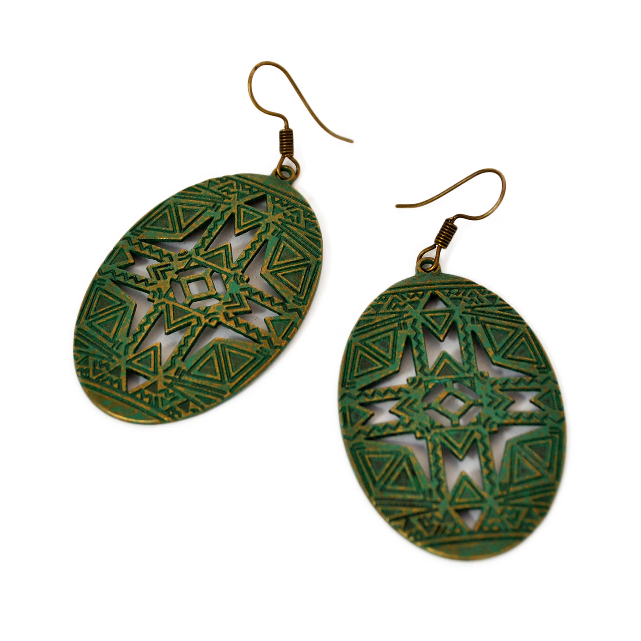 Oval earrings with old turquoise green patina and geometric carved design
