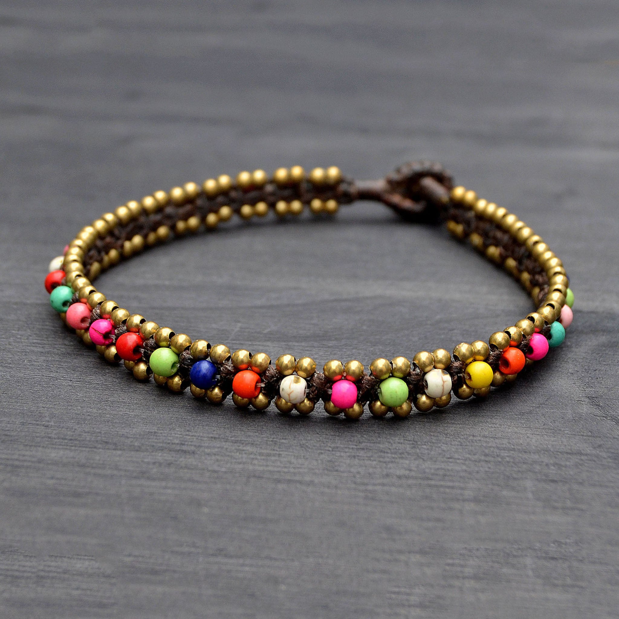 Multicolor and brass beaded anklet