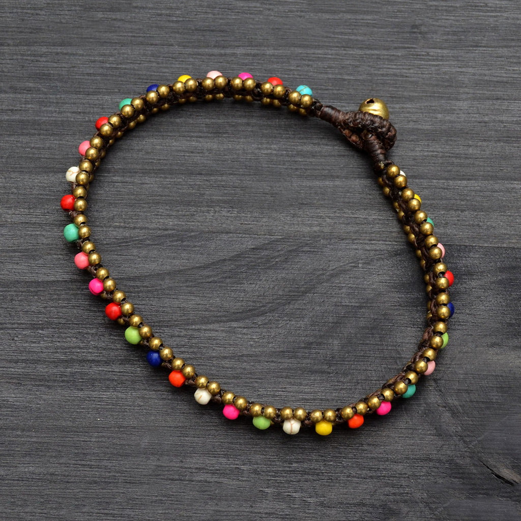 Handmade anklet with multicolor and brass beads