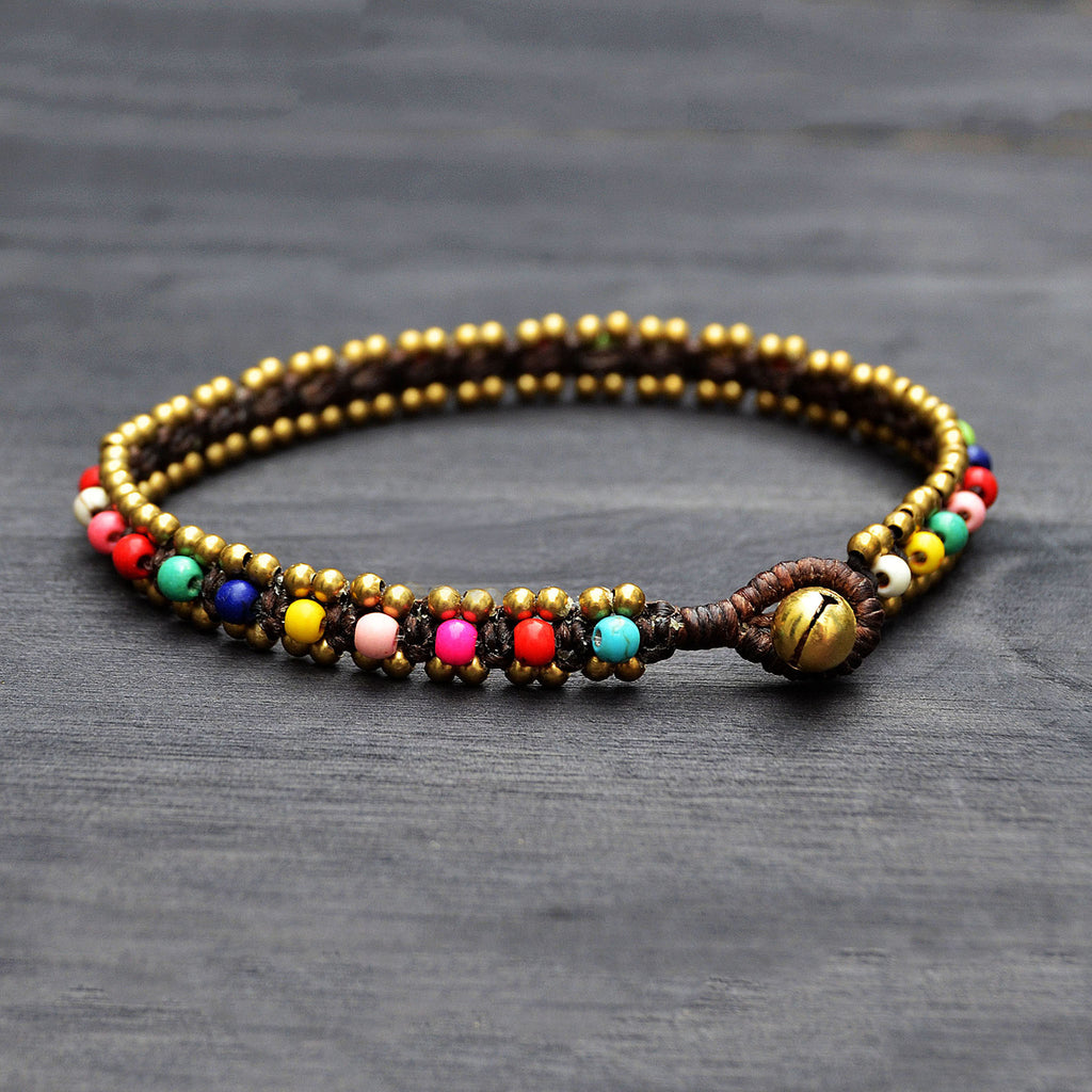 Foot bracelet with multicolor and brass beads