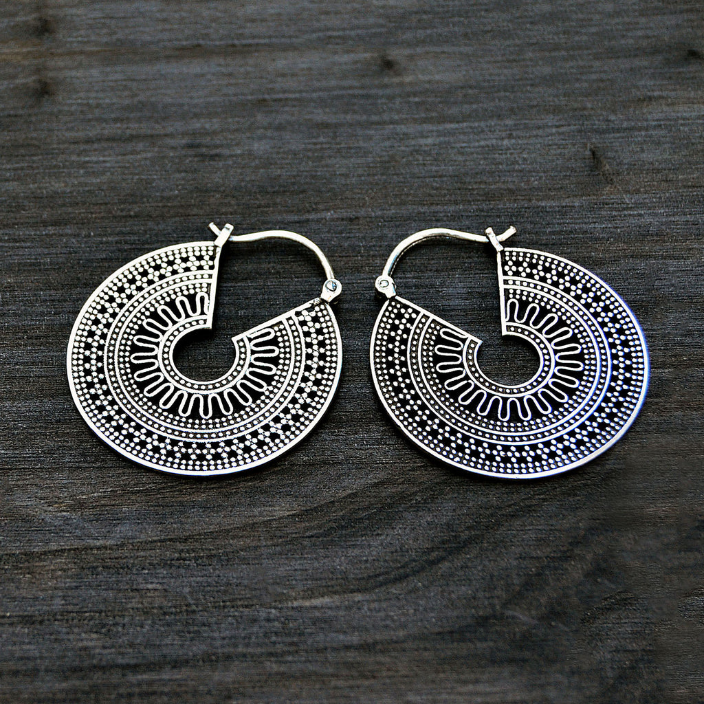 Tribal silver hoop earrings