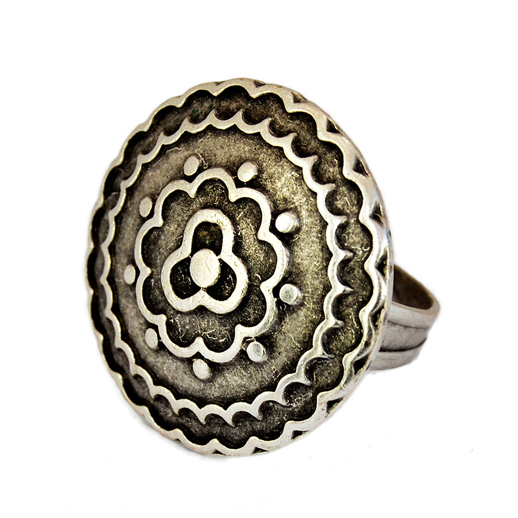 Silver bohemian mandala flower ring