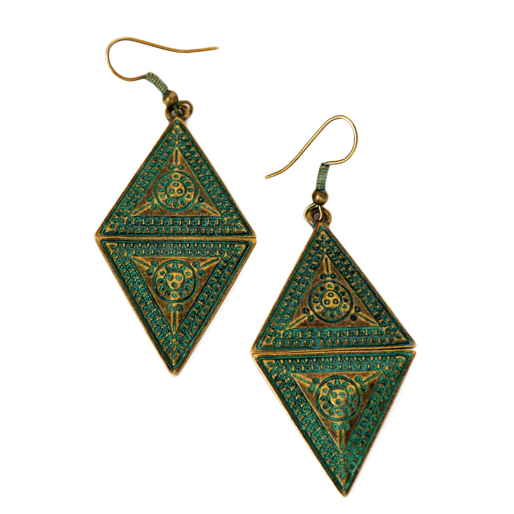 Dangle triangle earrings with tribal aztec design and green patina on brass
