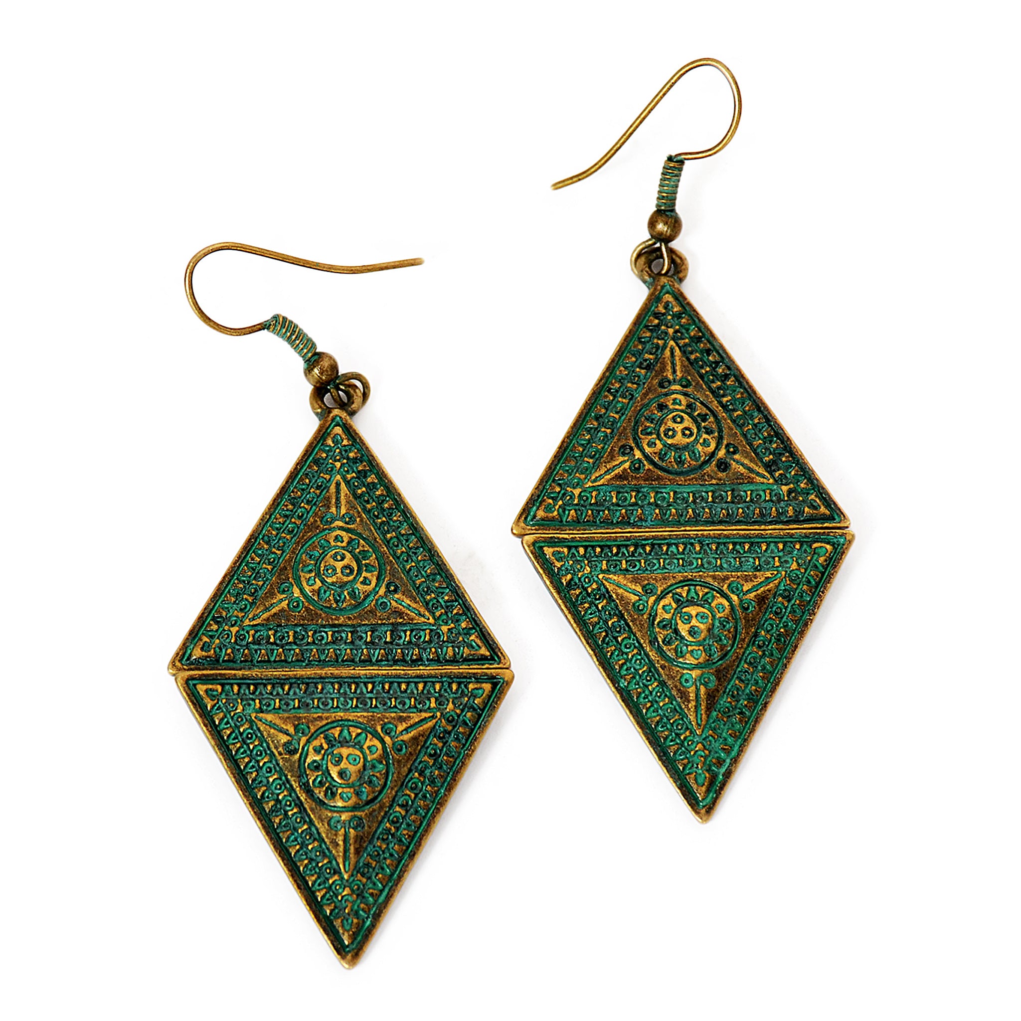 Dangly triangle earrings with tribal aztec design and green patina on brass