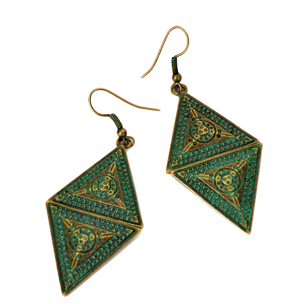 Hanging triangle earrings with tribal aztec design and green patina on brass