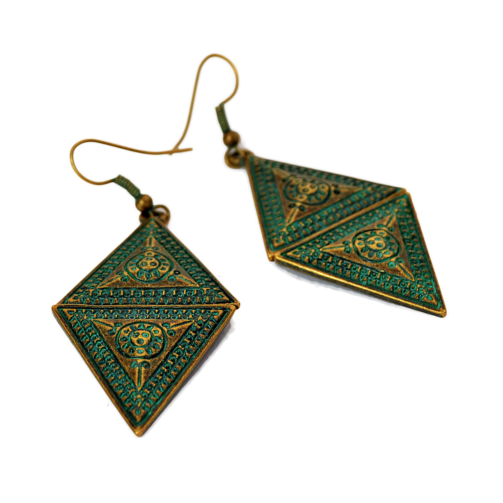 Dangly triangle earrings with tribal aztec design and green aged patina on brass