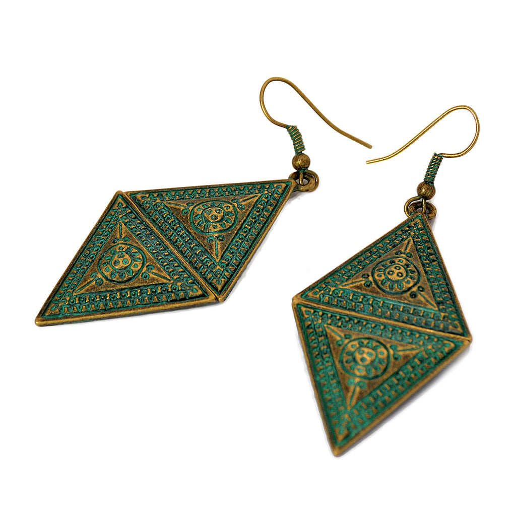 Dangle triangle earrings with tribal aztec design and green aged patina on brass