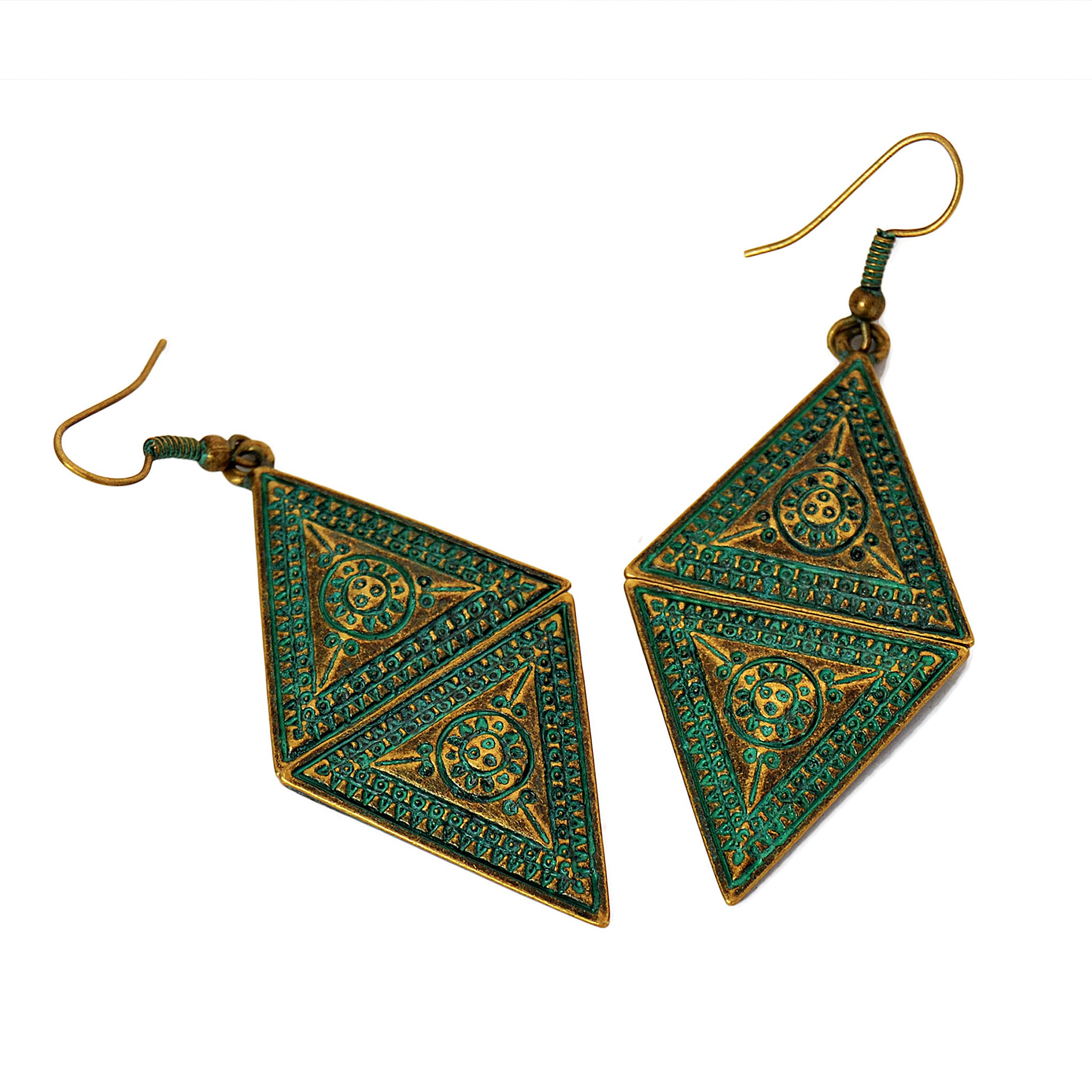Dangly triangle earrings with tribal aztec design and old green patina on brass