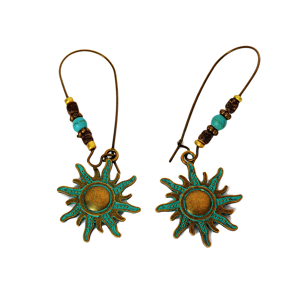 Dangle sun hook earrings with aged blue patina on brass