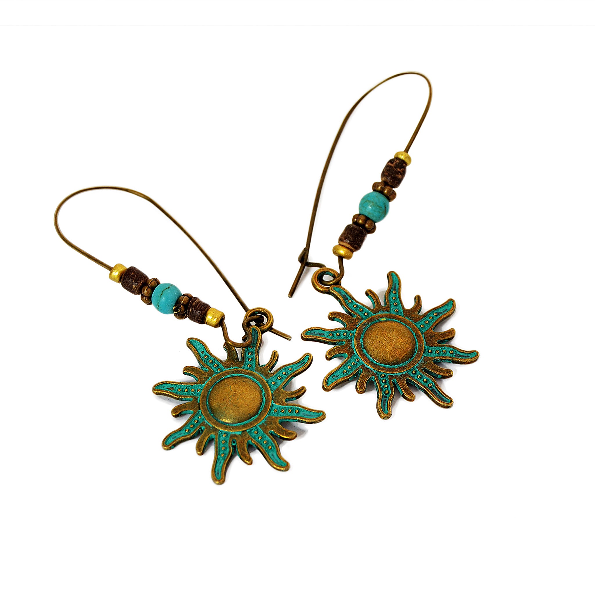 Sun hook earrings with old blue patina on brass