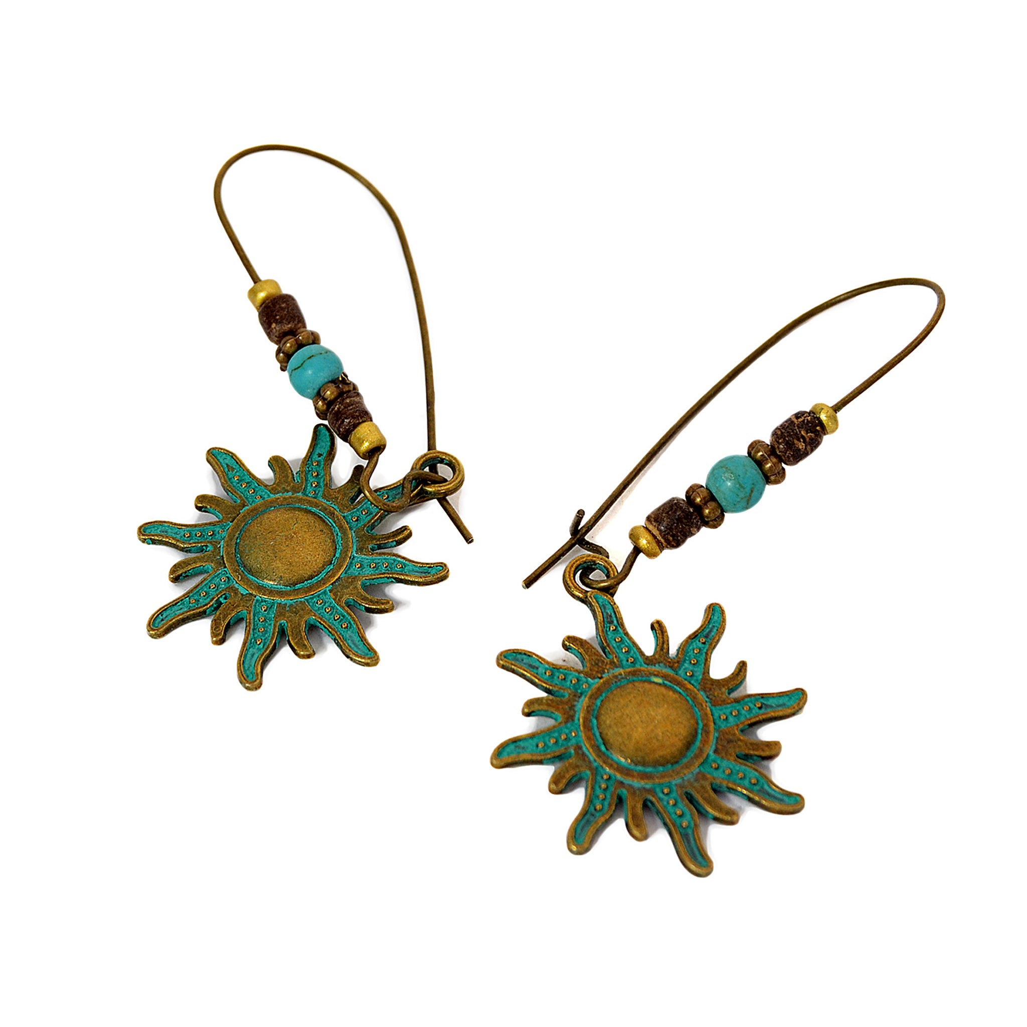 Sun hook earrings with aged blue patina on brass