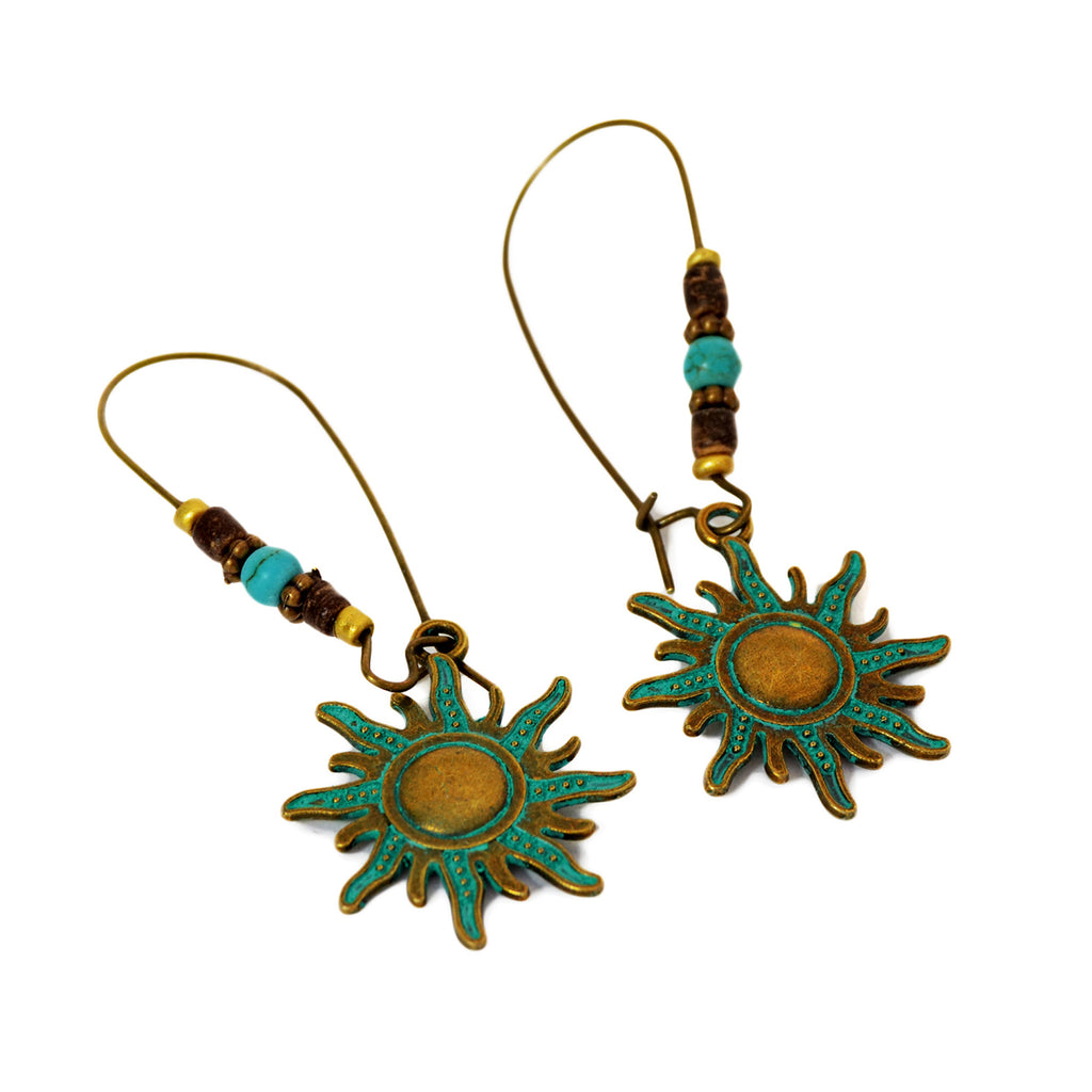 Sun hook earrings with blue patina on brass