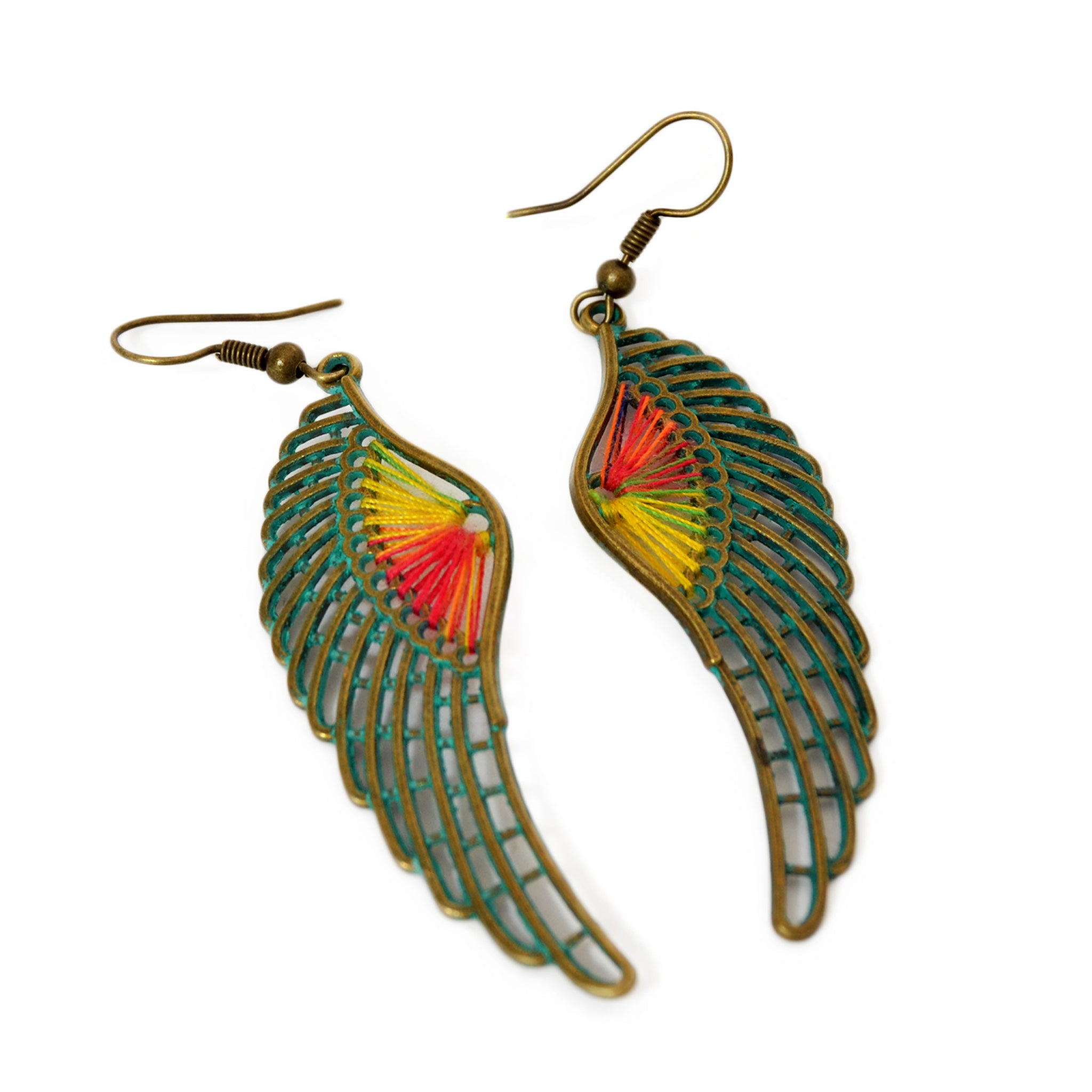 Wing earrings with colored threads and old green patina on brass