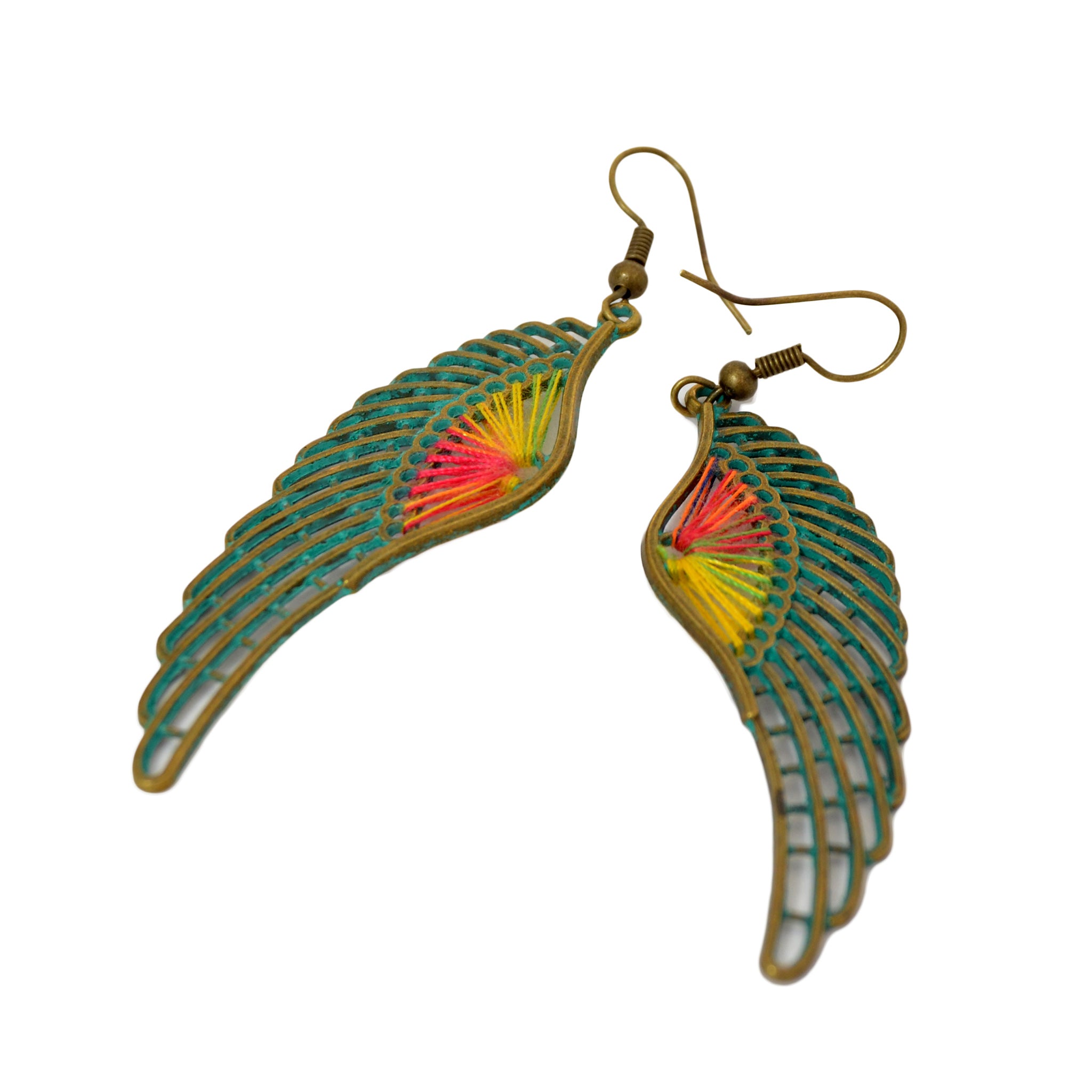 Wing dangle hook earrings with colored threads and old green patina on brass
