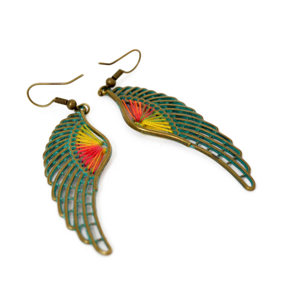 Wing feather earrings with colored threads and green patina on brass