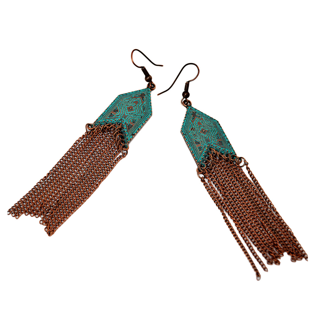 Multi chain long earrings with geometric design and green blue patina on copper